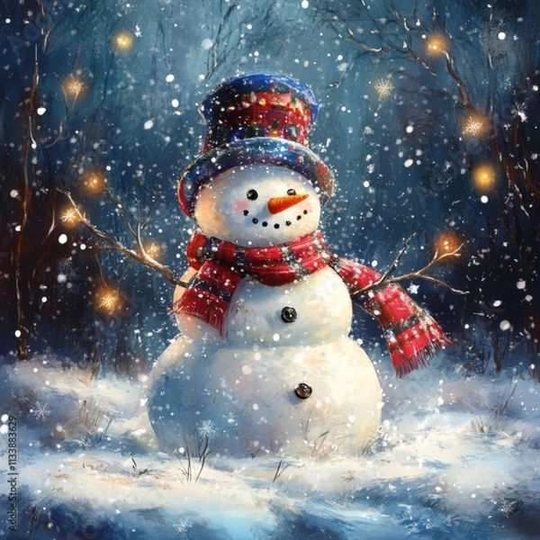 Fototapeta festive snowman in a winter wonderland with snowflakes