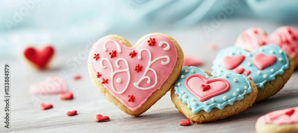 Fototapeta Delicious heart shaped cookies decorated with intricate icing designs