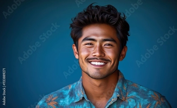Fototapeta A young man with casual t-shirt is smiling at the camera, solid color background