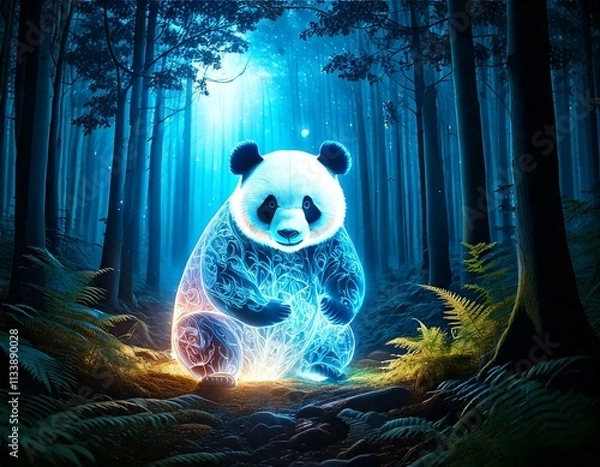 Fototapeta  Glowing Transparent Panda in a Mystical Night Forest, Generated image