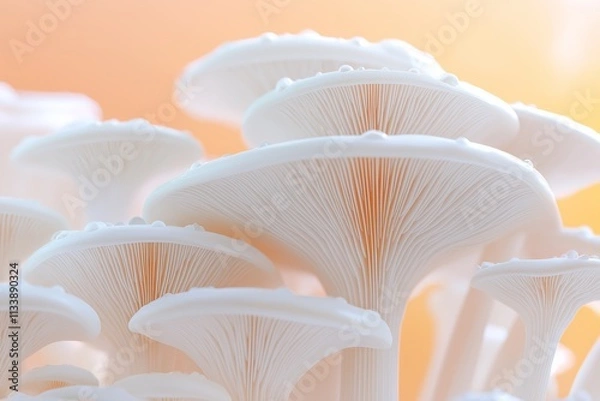 Fototapeta White Oyster Mushrooms with Water Droplets on Orange Background