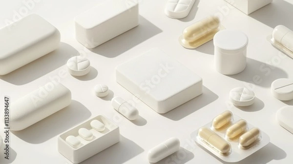Fototapeta A clean arrangement of tablet and pill packaging on a pristine white background, showcasing modern pharmaceutical design and healthcare products