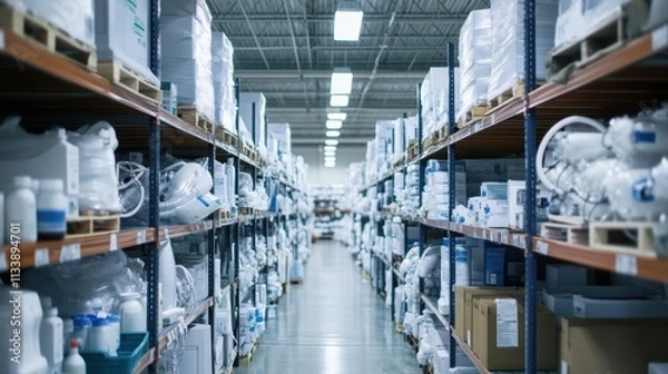 Fototapeta A clinic warehouse filled with ventilators and respirators, industrial shelves fully stocked under well-lit conditions, showcasing healthcare capacity