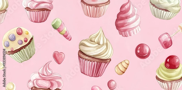 Fototapeta A whimsical pattern featuring various cupcakes and sweets on a pink background.