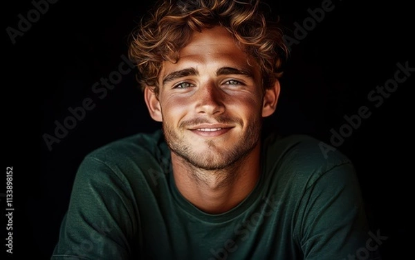 Fototapeta man with casual t-shirt is smiling at the camera, solid color background