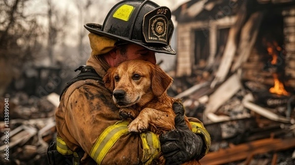 Fototapeta A firefighter holding a rescued dog amidst the aftermath of a house fire, with debris all around