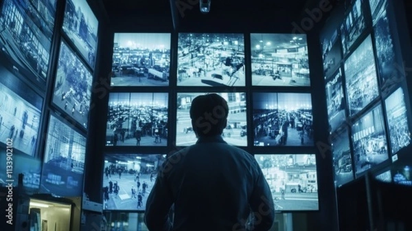 Fototapeta A high-stakes security environment with a guard monitoring live footage of a large campus on multiple screens