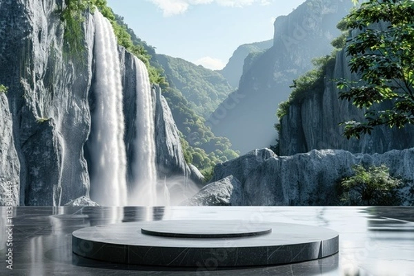 Fototapeta Modern Podium for Product Presentation with Mountain and Waterfall Background