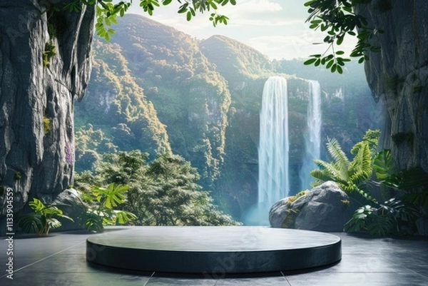 Fototapeta Modern Podium for Product Presentation with Mountain and Waterfall Background
