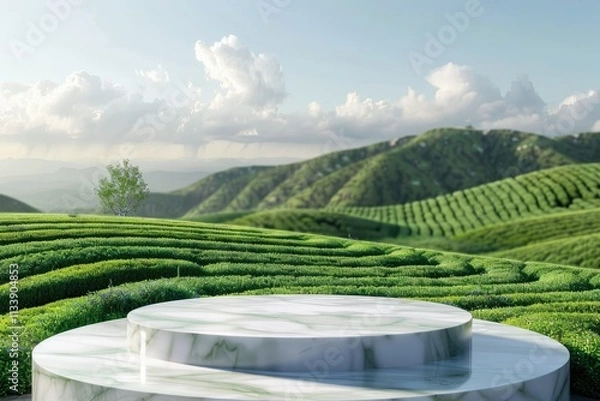 Fototapeta High Quality Image of Modern Podium with Green Tea Field Background