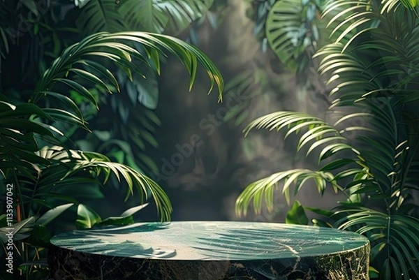 Fototapeta High Definition Visual of Natural Podium Product Display with Leaves Tropical Forest Background