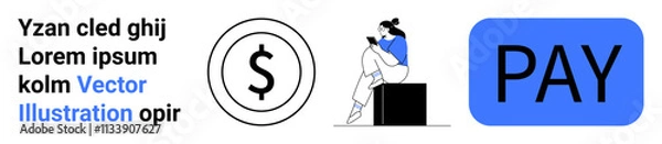 Fototapeta Woman sitting on a block using smartphone, dollar sign symbol in circle, blue pay button, placeholder text. Ideal for mobile payments, financial apps, online transactions, e-commerce, fintech