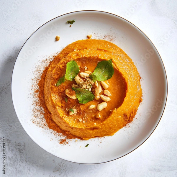 Obraz Creamy spiced sweet potato puree topped with peanuts and herbs, showcasing vibrant colors and textures. delicious and healthy dish perfect for any meal