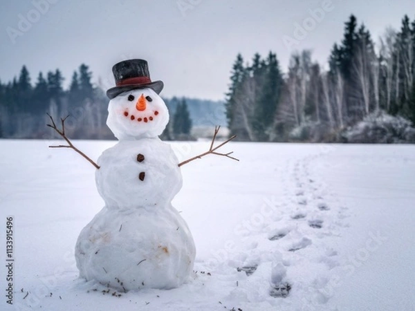 Fototapeta Cheerful Snowman with Top Hat and Carrot Nose in a Snowy Field