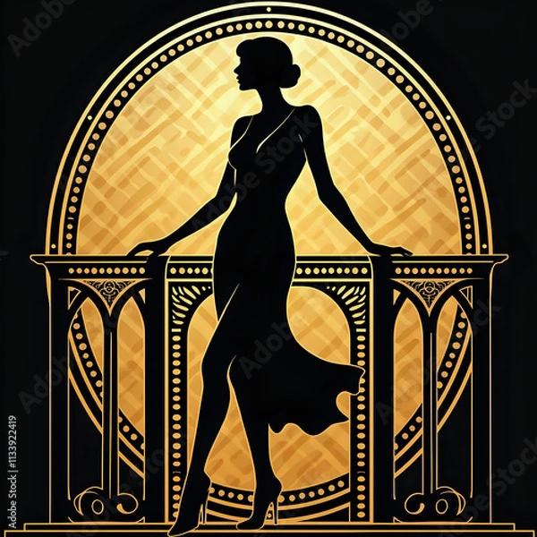 Obraz Art Deco flapper silhouette with golden circular motif
