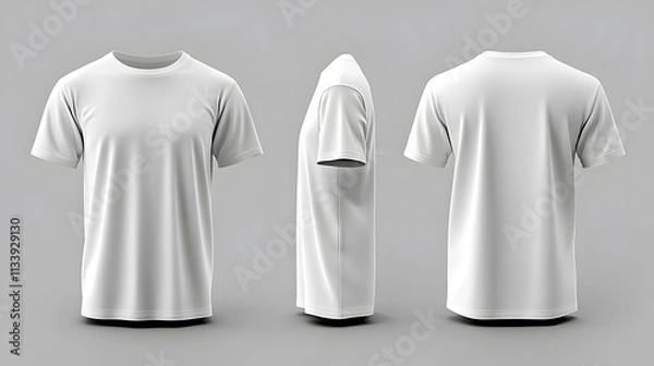 Obraz Three views of a plain white t-shirt on a grey background.