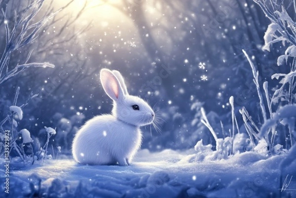 Fototapeta white rabbit in a snowy forest scene