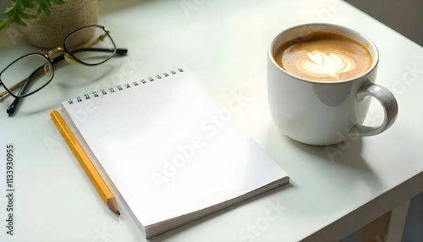 Fototapeta Empty notepad pencil glasses and cup of coffee business or education concept mock up
