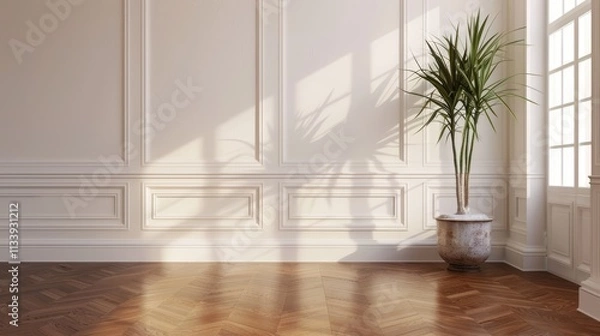 Fototapeta an empty grand living room with plastered white walls and traditional wainscoting, beautifully aged walnut wood floors
