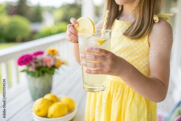 Fototapeta A cheerful young girl, wearing a yellow dress with polka dots, sips lemonade from a tall glass adorned with a lemon slice. Colorful flowers and fresh lemons decorate the sunny outdoor setting.