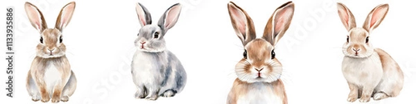 Obraz Adorable Watercolor Bunny Rabbits Clipart Elements in Various Poses  Cute fluffy hares in different sitting jumping and profile views  Ideal for nature wildlife pet and animal graphic and icon sets