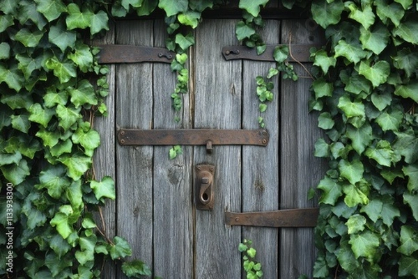 Fototapeta Old, weather-beaten wooden door, rough-hewn planks, rusty lock and hinges, surrounded by ivy-covered stones, radiating aged charm