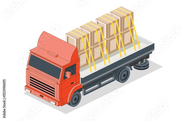 Fototapeta Isometric Flatbed Cargo Truck with Boxes. Commercial Transport. Logistics. City Object for Infographics. Car for Carriage of Goods. Front View.