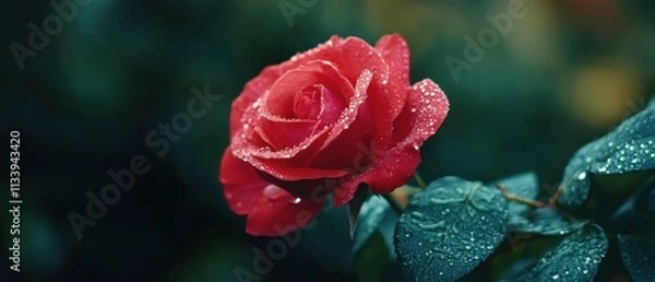 Fototapeta beautiful red rose with dew drops on petals
