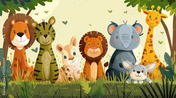 Fototapeta animals book cover cartoon style, thick lines, low detail, no shadows, no shading