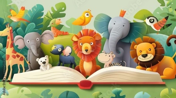 Fototapeta animals book cover cartoon style, thick lines, low detail, no shadows, no shading