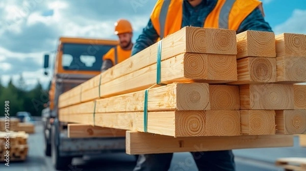 Fototapeta Construction workers transporting lumber construction site photography outdoor close-up building materials handling