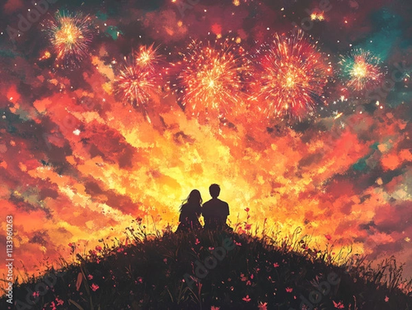 Fototapeta A silhouette of a couple sitting on a mountain with flower ai generated