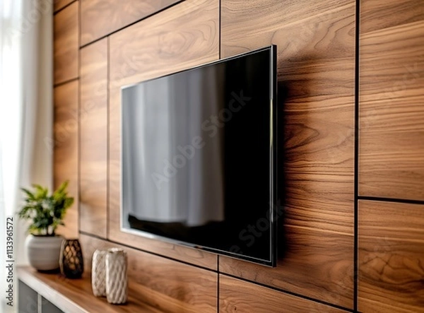 Fototapeta Stylish and modern living room design focusing on a TV set into a wooden wall, captured from a close angle