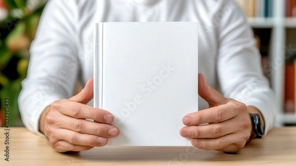 Fototapeta A blank book cover in the hands of an author sitting in a library, showcasing the essence of literary imagination.
