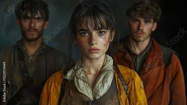 Fototapeta A young woman, scarred and determined, stands with two men, a powerful image of resilience.