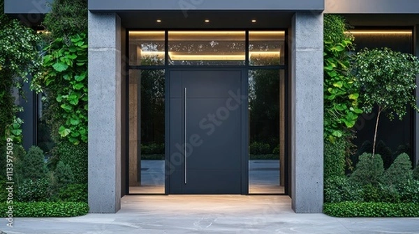 Obraz Dark grey front door with glass panels, surrounded by modern concrete pillars and plants.