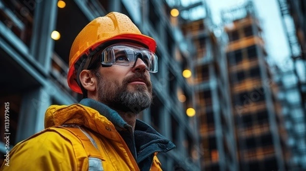 Fototapeta Construction Worker Contemplating Future Skyscrapers