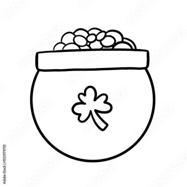 Fototapeta line art of a pot of gold with a three-leaf clover. Perfect for St. Patrick's Day designs, this image symbolizes luck and fortune.