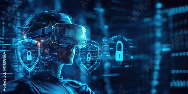 Fototapeta Cyborg Information Security Analyst Wearing AR Glasses Surrounded by Holographic Shields and Locks Symbolizing Cybersecurity on Minimalist Background