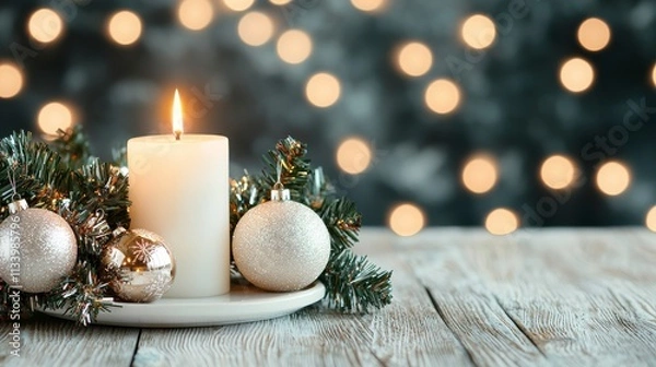 Fototapeta Cozy Christmas Scene Featuring a White Candle Surrounded by Golden Ornaments and Evergreen Twigs on a Wood Table with Blurry Festive Lights in the Background