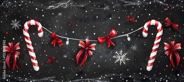 Obraz A black chalkboard-like background with bright white chalk-style Christmas designs, candy canes, and tiny red bows