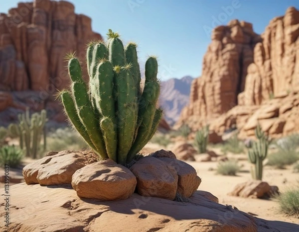 Fototapeta A large green cactus grows out of a rock formation in the desert, landscape, cactus rock