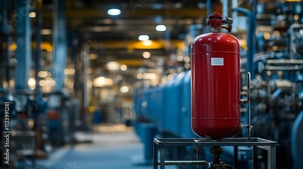 Fototapeta Red industrial fire suppression tank in factory setting