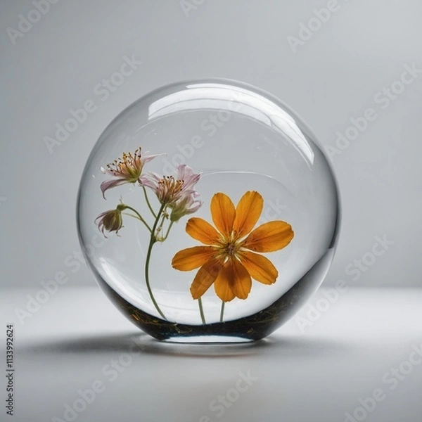 Fototapeta A surreal floating flower in a glass bubble on white.
