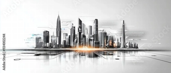 Fototapeta Futuristic Cityscape with Digital Overlay.