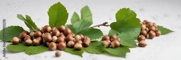 Fototapeta Branch with hazelnuts on some green leaves isolated on the white background, outdoor, hazelnut tree, botanical