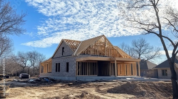 Fototapeta A suburban home under construction, with framing completed and roof trusses being installed under a sunny sky