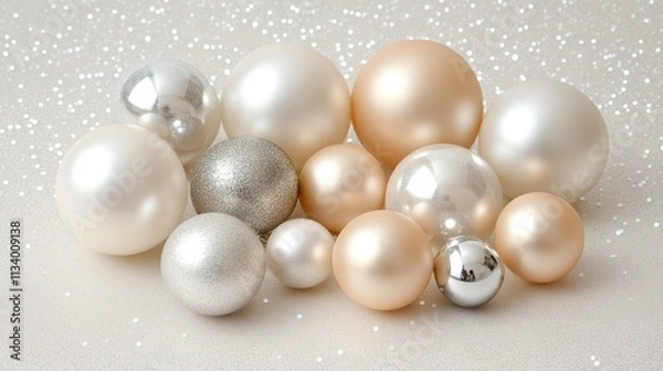 Fototapeta A collection of shiny decorative spheres in various sizes and finishes, resting on a glimmering surface, Ideal for festive designs, holiday promotions, or celebrations,