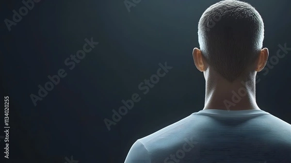 Obraz Back view of a man's head and neck, lit from above against a dark background.