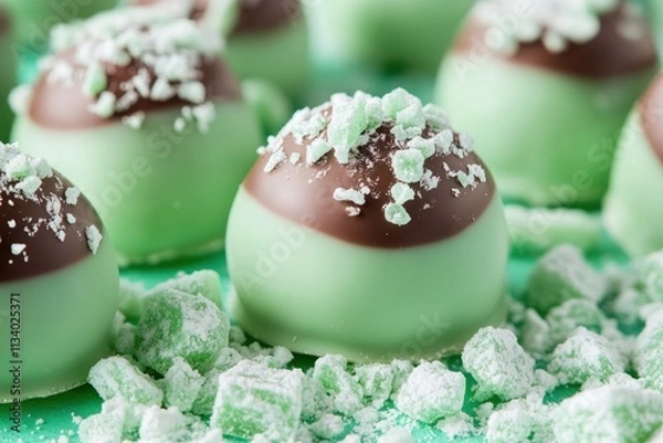 Fototapeta Close-up of mint chocolate truffles coated in crushed candy.